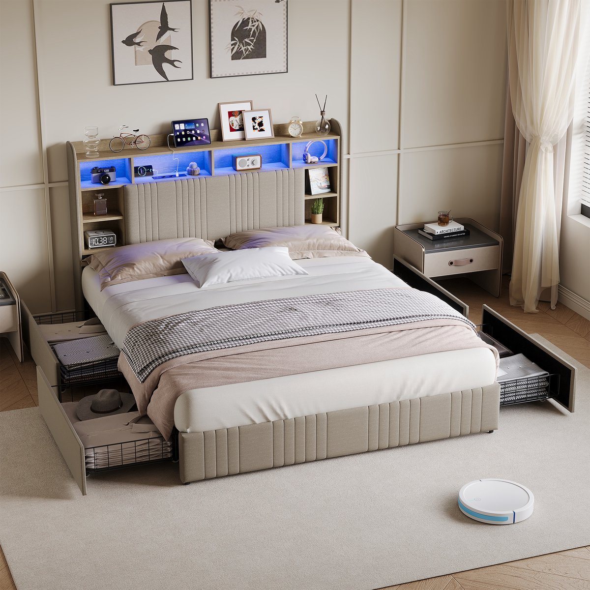 Gestoffeerd bed 160 x 200 cm, opbergbed met 4 lades, tweepersoonsbed met led- en usb-aansluiting, continentaal bed, beige linnen stof