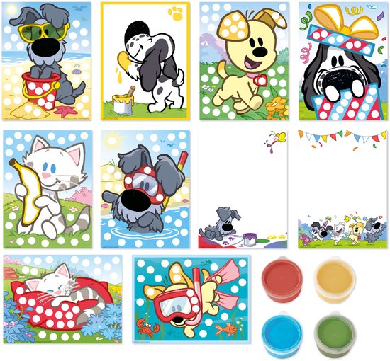 Mozaïek van 10 kaarten met Woezel & Pip figuren: hondjes, katjes, strand, cadeaus, met 4 potjes vingerverf.