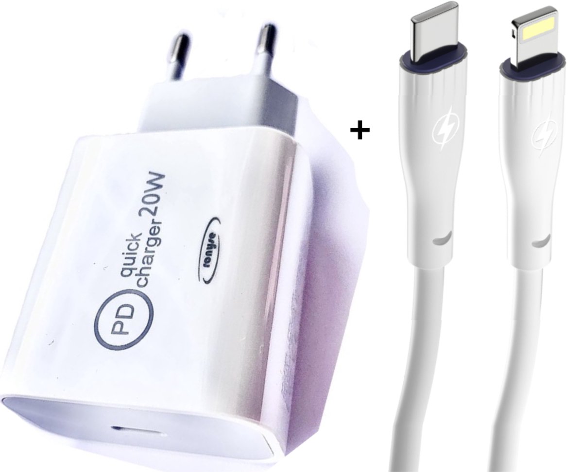Ronyse® USB C Adapter + Oplaadkabel 8 pins naar USB-C - Snellader - Wit - Stekker + Kabel