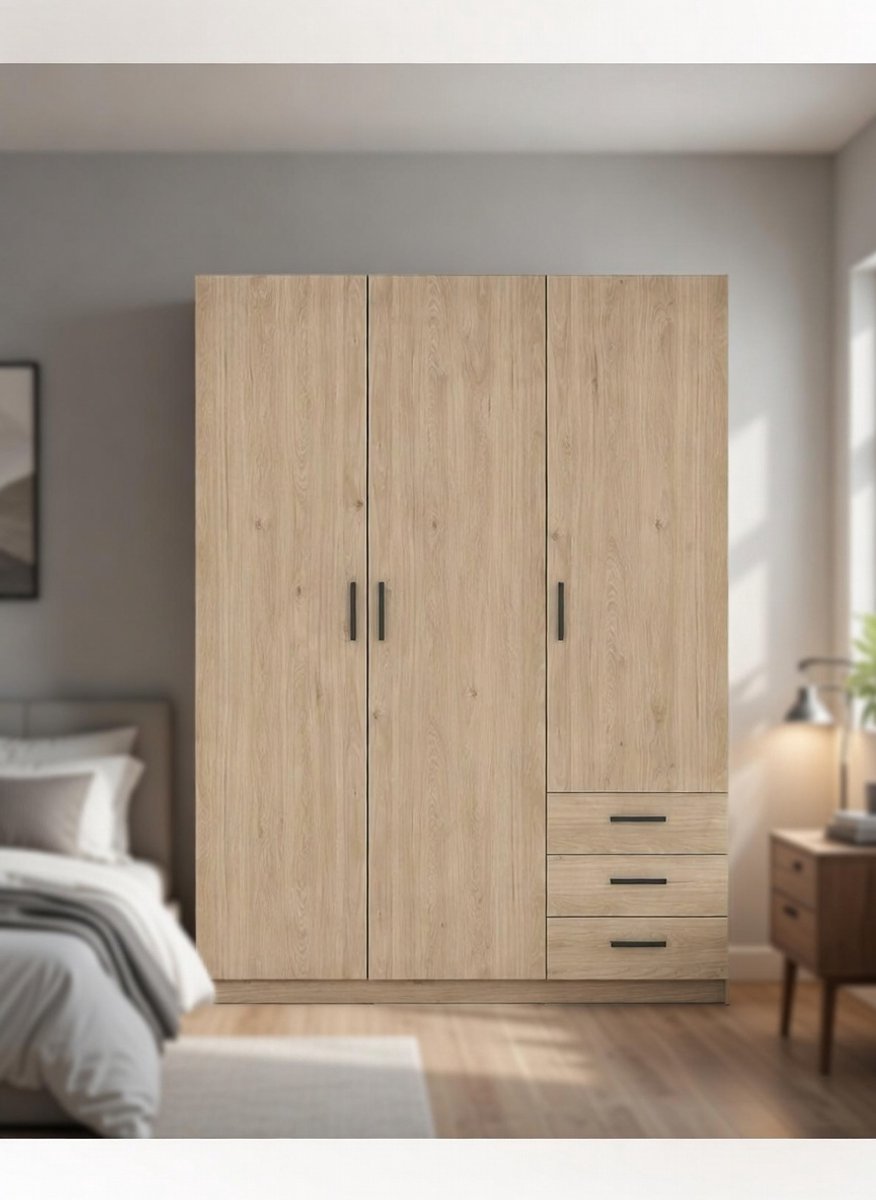 Elegance 3-deurs Kleerkast met 3 Lades – Moderne Slaapkamerkast, Garderobekast, Opbergruimte voor Kleding, Schoenen en Accessoires – Eikenhout Look, 147x50x200 cm Novihome