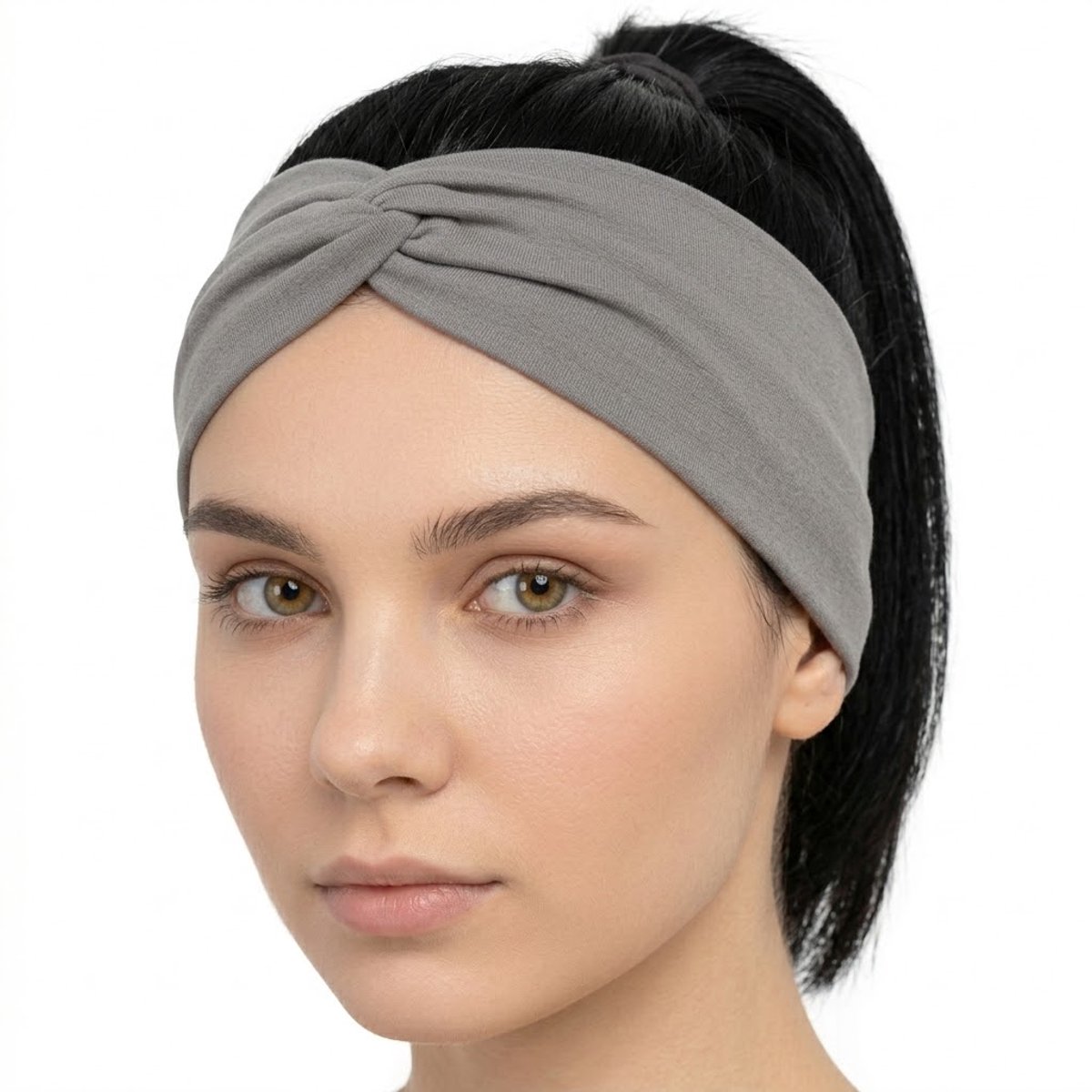 Grijze elastische haarband met twistknoop voor dames – brede rekbare hoofdband – modieus en comfortabel haaraccessoire