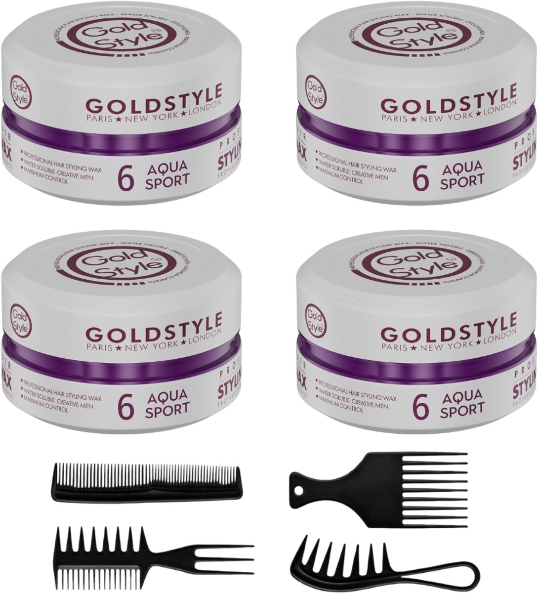 Gold Style Aqua Sport Haar Wax 06 – 4 x [150 ml] + 4 styling kammen – Haarwax voor Mannen – Sterke Hold & Frisse Look