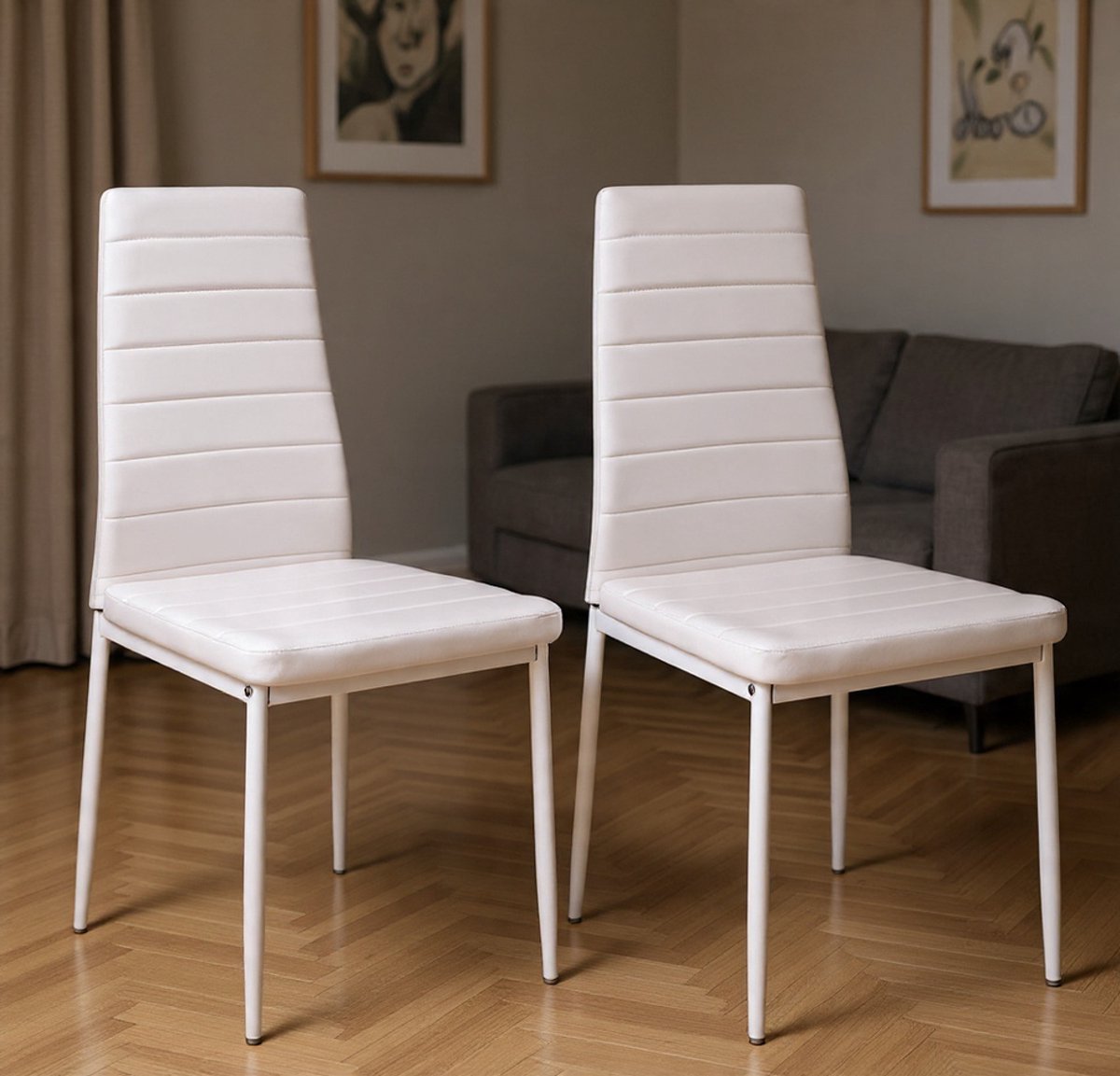 Moderne Stapelbare Eetkamerstoelen van Kunstleer met Stalen Frame – Set van 2 Wit- Casa Serena – Afmetingen op aanvraag – Casa Dorada