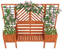 REDOM Luxe Tuinbank met Plantenbakken & Klimrek (170cm) - Houten Zitbank met Trellis voor Klimplanten - Massief Hout - Bruin