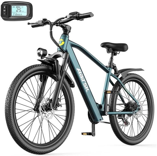 Aairsk 24" Elektrische Mountainbike&Stadsfiets Blauw, 250W Piekmotor, 25 km/u Maximum Snelheid, 7/21 Versnellingen & Dubbele Vering, Shimano 7 Versnellingen, NFC Startfunctie, Het maximale bereik is 80 km.