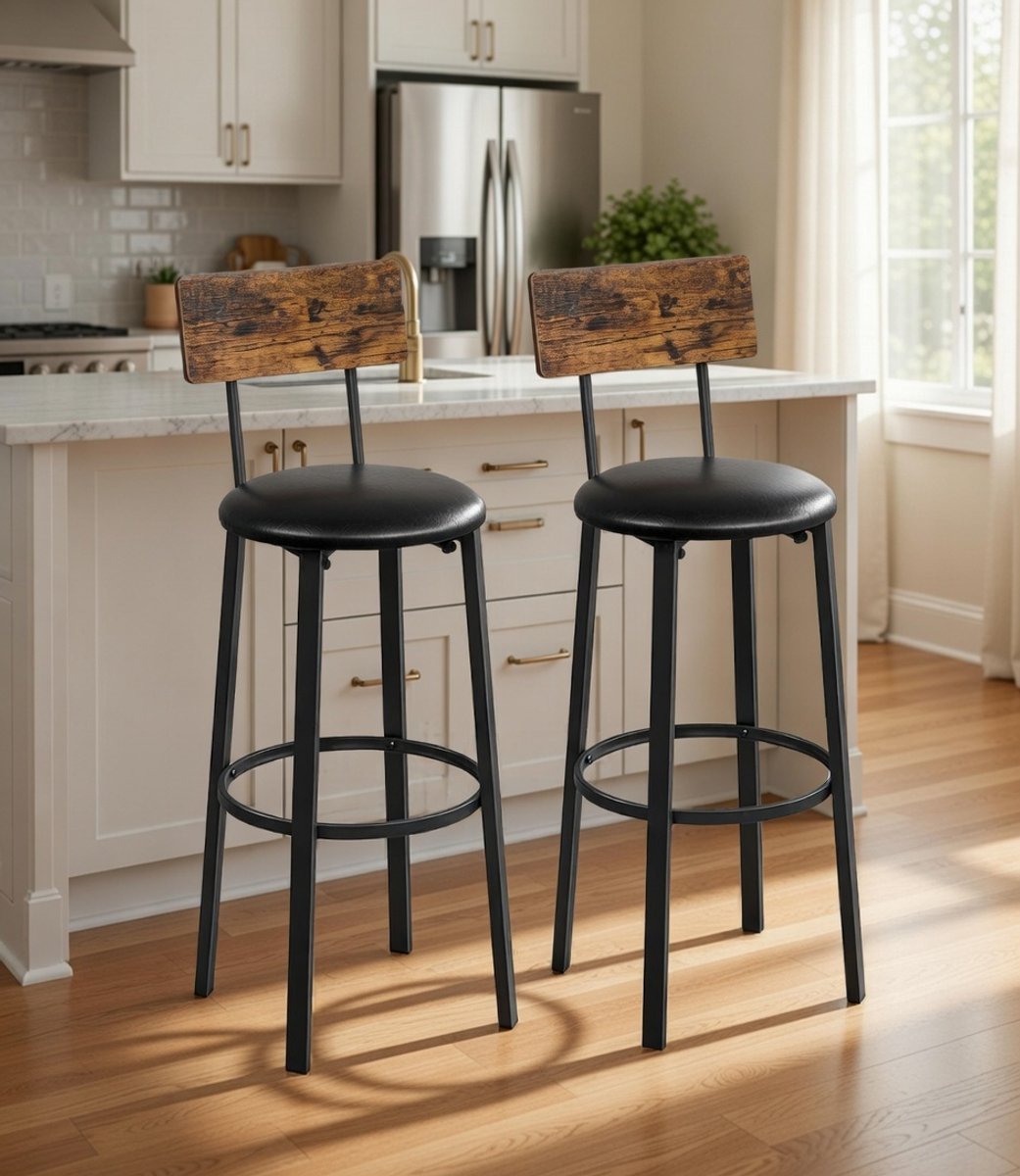 Luxe Barkrukken Set van 2 – Hoge Industriële Stoelen voor Keuken & Eiland – Comfortabele Gevoerde Zitting PU – Rustiek Bruin + Zwart – 100 cm Hoog – Moderne Industriële Stijl Casa Serena – 100 cm –...