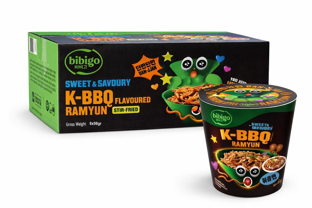 Bibigo Instant Noodles Noedels Kimchi Ramyun K-BBQ 8 x 98 Gr