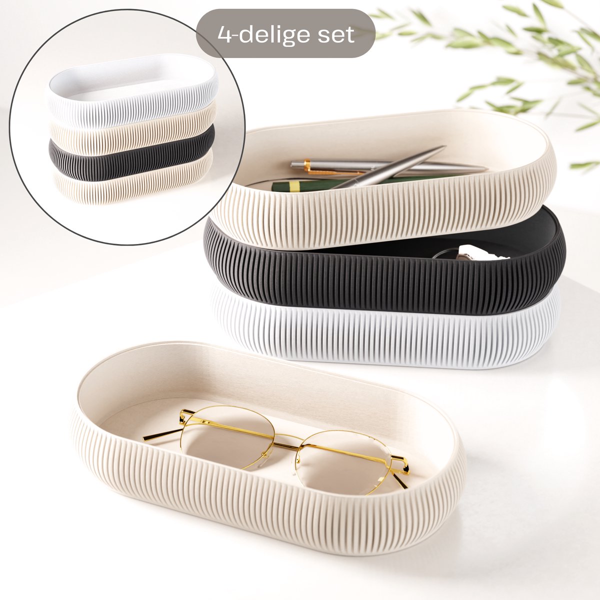 Fleuriek – Stapelbare organizer set 4-delig – Mix & match opbergsysteem – Trays + pennenhouder voor kantoor, bureau, badkamer & keuken – Zwart-Wit-Beige