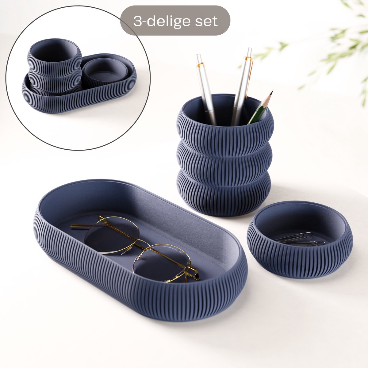 Fleuriek - Bureau organizer set 3-delig - Stapelbaar & modulair - Pennenhouder met opbergbakjes voor bureau, keuken, badkamer & make up - Blauw