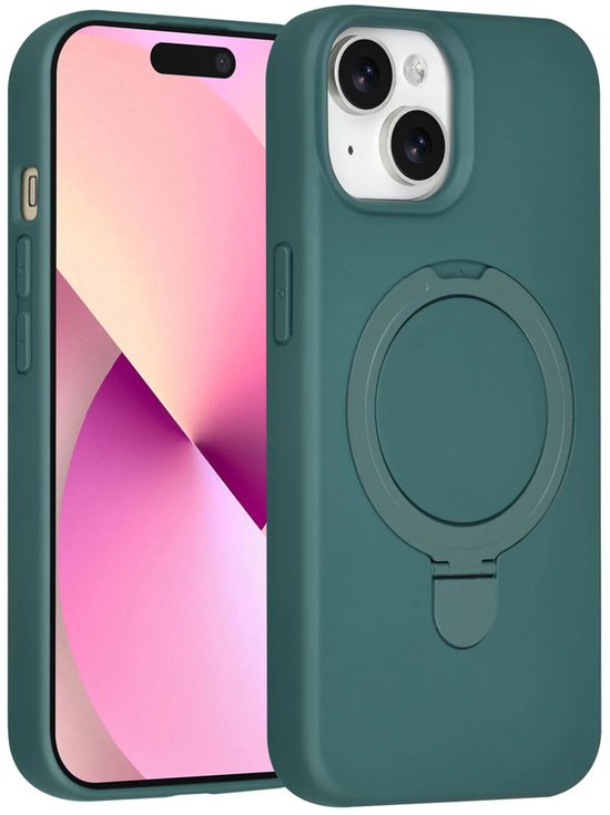 Coque verte foncée pour iPhone 15 en silicone avec anneau rotatif au dos.