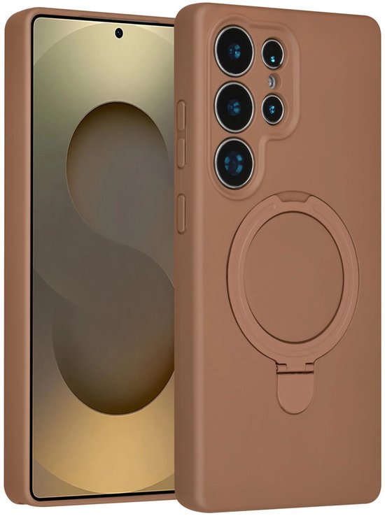 Bruin siliconen hoesje voor Samsung Galaxy S24 Ultra met ringstandaard en cameralensuitsparingen.