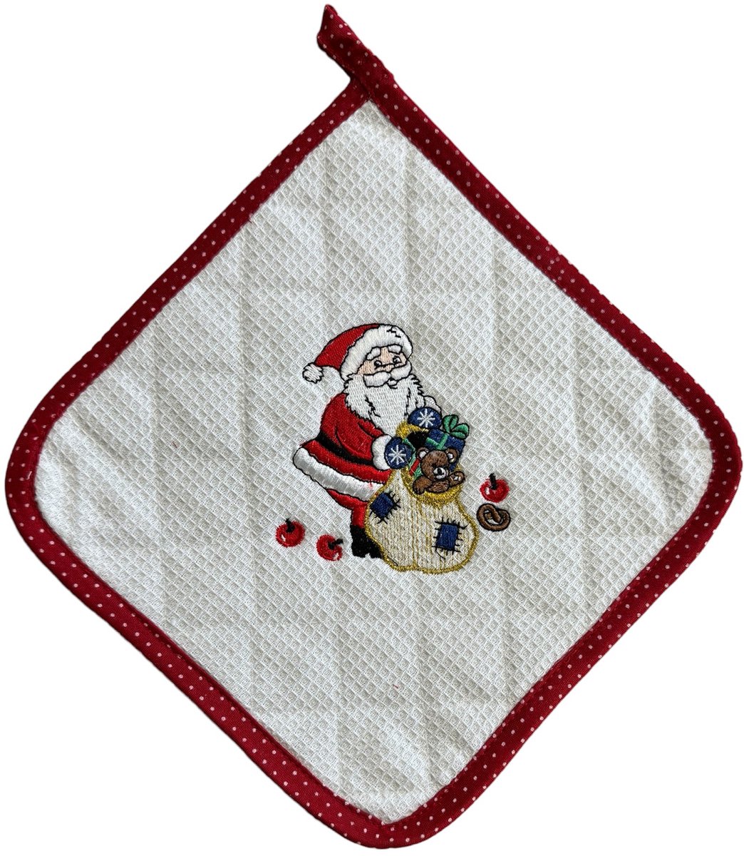 Pannenlappen - Kerst - Wit - Kerstman - rode rand - 2 stuks