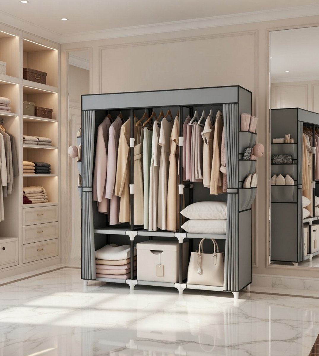Grote Stoffen Kledingkast – Vrijstaande Draagbare Kledingkast met 3 Kledingstangen, 6 Zijvakken en 6 Legplanken – Moderne Opvouwbare Kast met Ritssluiting – Voor Slaapkamer, Garderobe, Garage – Grijs Novihome