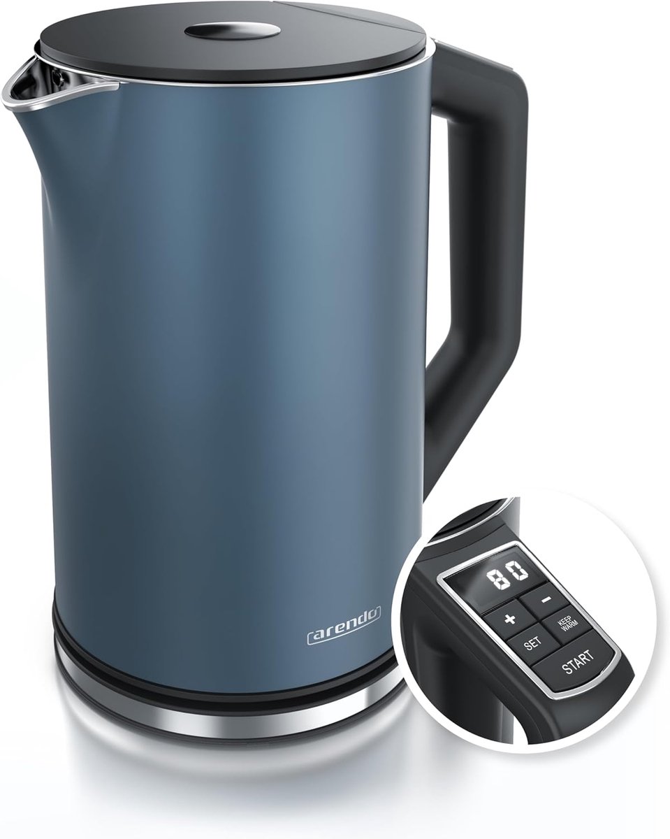 Waterkoker - RVS - Met Temperatuurinstelling 40-100°C - Dubbelwandig - 1.5 Liter - 2200W - Waterkoker met Temperatuurweergave - Theemaker - Cool Touch - Digitaal Display - Warmhoudfunctie - Mat Blauw - Elegant Design - RVS Waterkoker