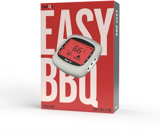 HerQs EASY BBQ doos met de digitale thermometer erop. De thermometer is zilverkleurig met een rood scherm.