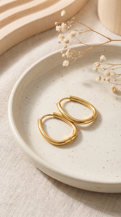 Gouden, ovale oorringen met een gladde afwerking, op een keramische schaal.