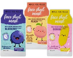 Koreaanse Gezichtsmasker - Milk Cream Sheet mask - Set van 3 | 3x 25 ml - Banaan - Blauwe Bes - Perzik | Korean Beauty Sheetmask - Hydraterend - Verzachtend - Herstellend