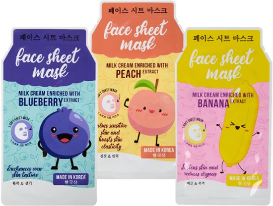 Koreaanse Gezichtsmasker - Milk Cream Sheet mask - Set van 3 | 3x 25 ml - Banaan - Blauwe Bes - Perzik | Korean Beauty Sheetmask - Hydraterend - Verzachtend - Herstellend