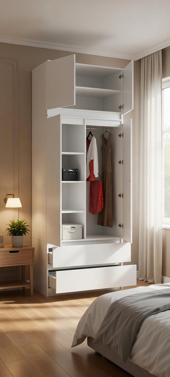 ModernaMax Luxe 4-Deurs Kledingkast met Laden en Legplanken – 234 x 90 x 51 cm Grote Opbergkast met Kledingstang – Moderne Garderobekast voor Slaapkamer, Hal en Woonkamer – Wit | NoviHome