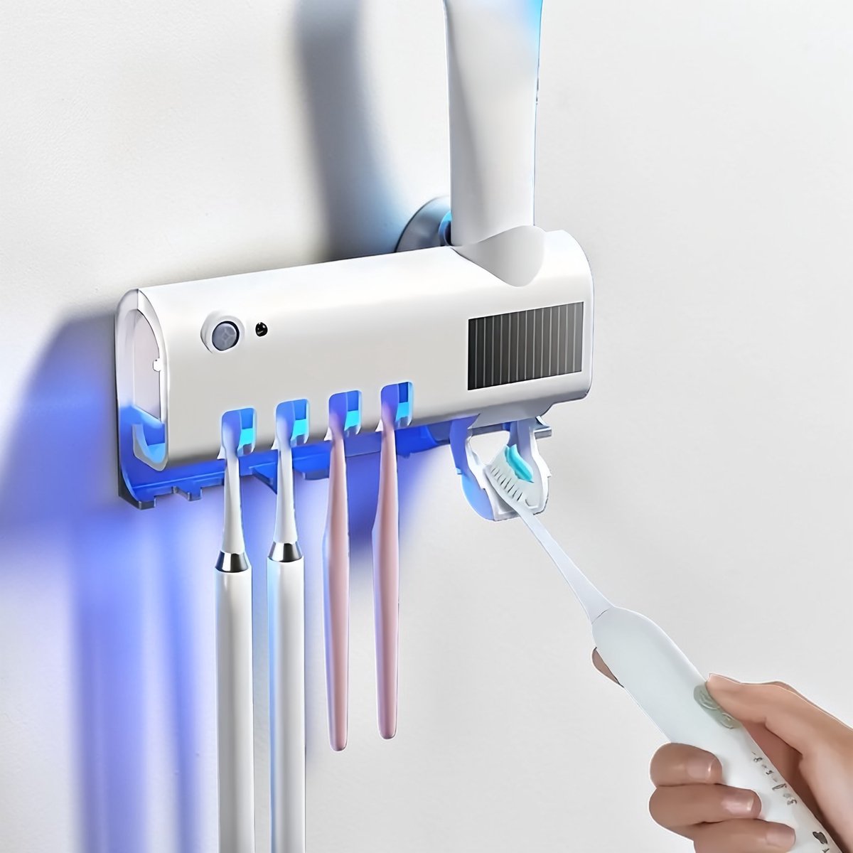 UV Tandenborstelhouder met Sterilisator – Wandmontage, Tandpasta Dispenser, Solar & USB Opladen, 4 Slots, Gezin