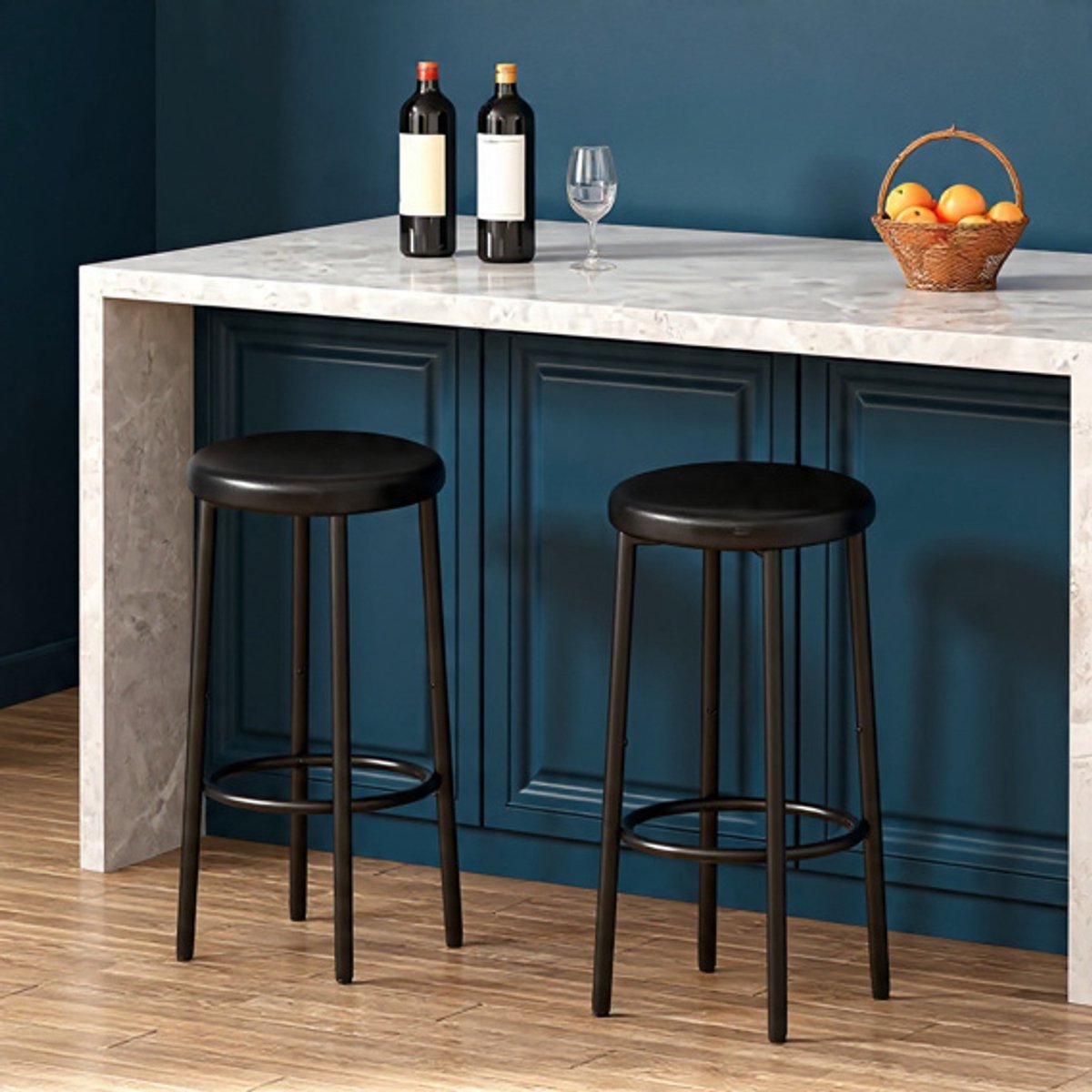Industriële Barkrukken Set van 2 – PU Leren Zitting – 65 cm – Zwart – Met Voetensteun – Keuken & Horeca Casa Serena – 65 cm – Casa Dorada
