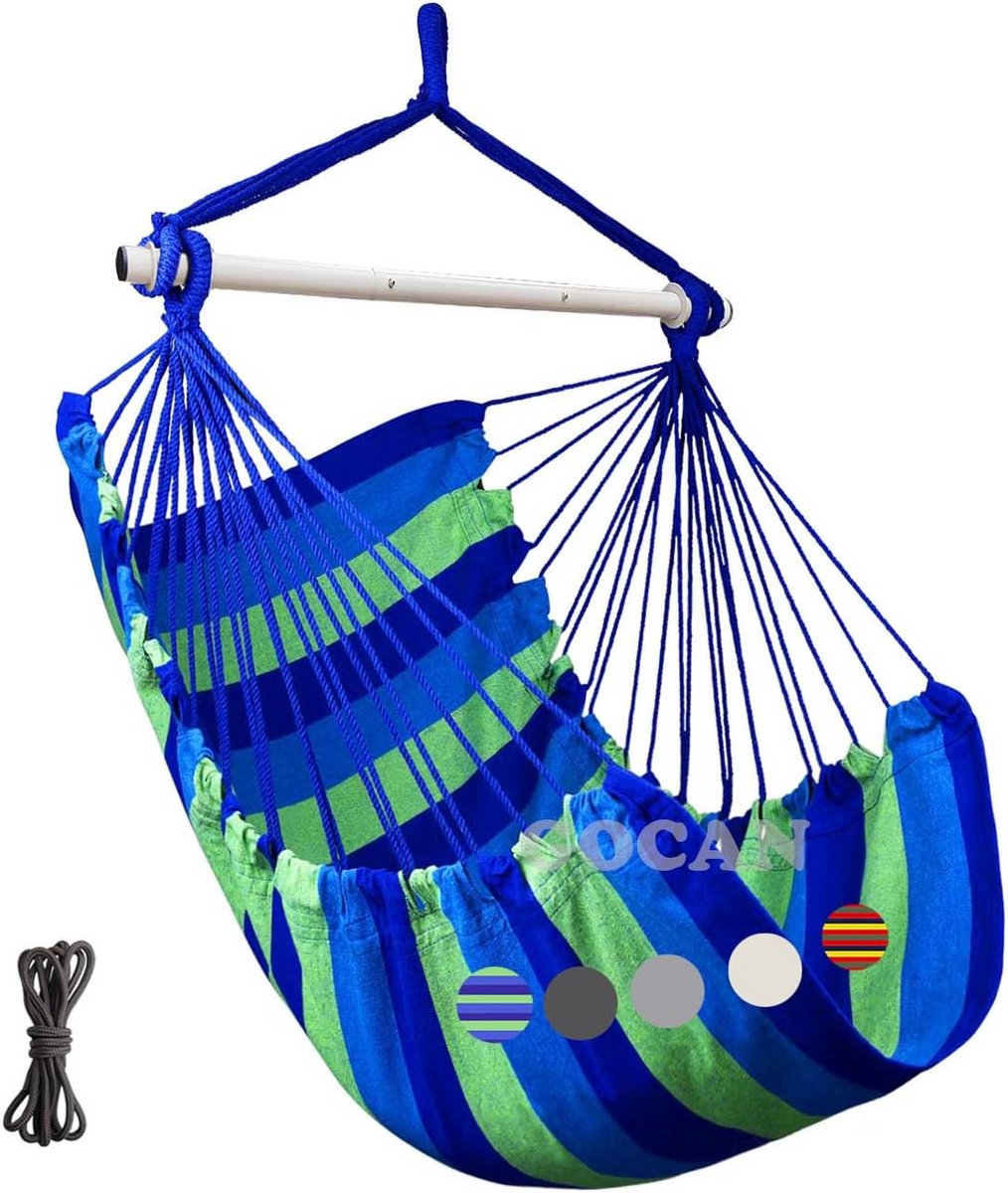 Grote Hangstoel - 110 x 150 cm, Draagvermogen 150 kg, Katoenen Stoel met Metalen Spreader Bar, Brede Zitplek (Blauw)