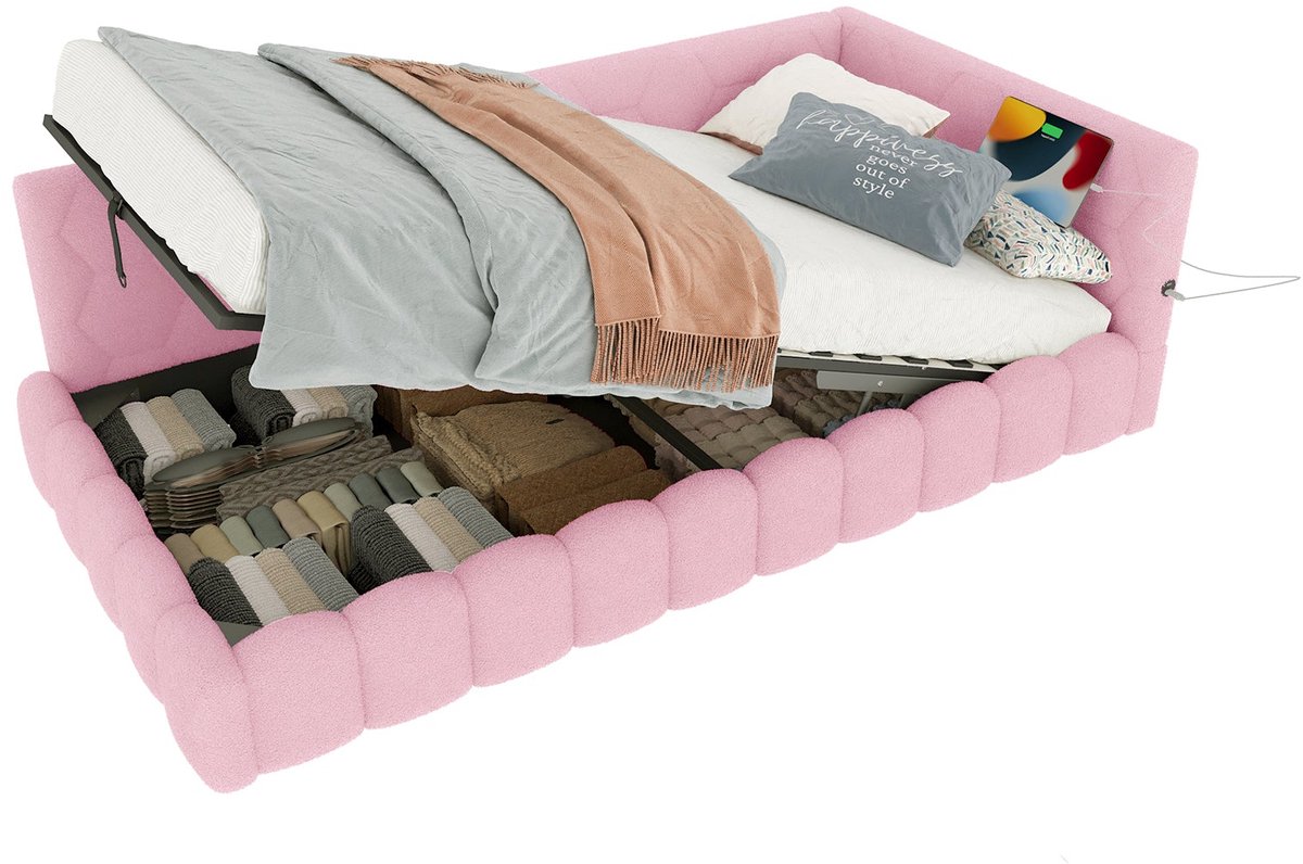 Merax Slaapbank 90x200 cm - Gestoffeerd Bed - Bed met Opbergruimte - Hydraulisch Hefmechanisme - LED Verlichting met Afstandsbediening - USB en Type-C Aansluiting - Houten Lattenbodem - Fluweel - Roze - Zonder Matras