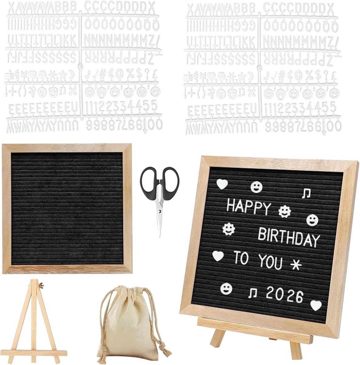 Ynkkvre - Letterbord 25x25 cm - Eikenhout en Vilt - 340 Letters - Met Standaard en Accessoires - Grijs