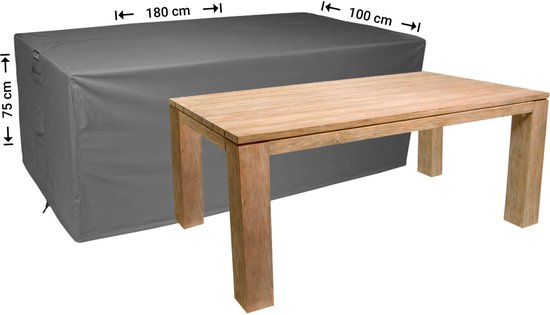 Grijze hoes over een houten tafel, afmetingen 180x100x75 cm.