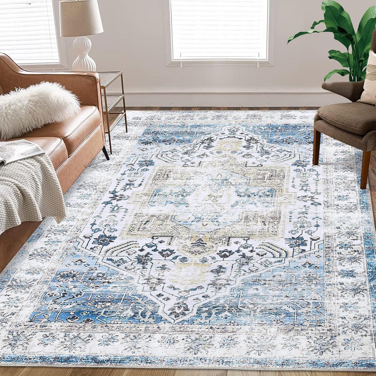 Vintage Vloerkleed - Laagpolig Tapijt - Woonkamer Decoratie - Machinewasbaar - 120 x 170 cm - Blauw