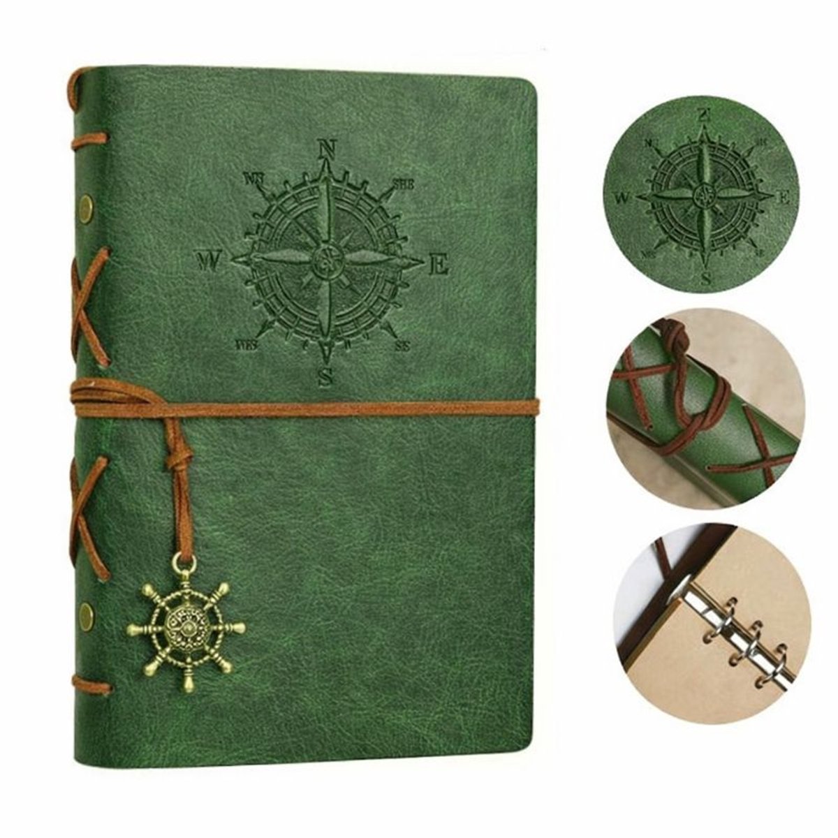 Goodz4All Vintage Lederen Notitieboek met Windroos A5 - Olijf - Journal Schetsboek Notebook - Cadeau idee - Blanco Papier - Travel Journal Reis Dagboek Retro
