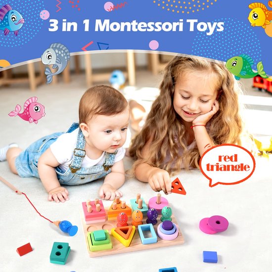Twee kinderen spelen met een houten Montessori vormensorteerder en visspel, met vissen die rondvliegen.