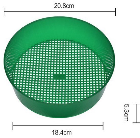 Groene plastic zeef met afmetingen: 20,8 cm diameter, 18,4 cm binnendiameter, 5,3 cm hoogte.