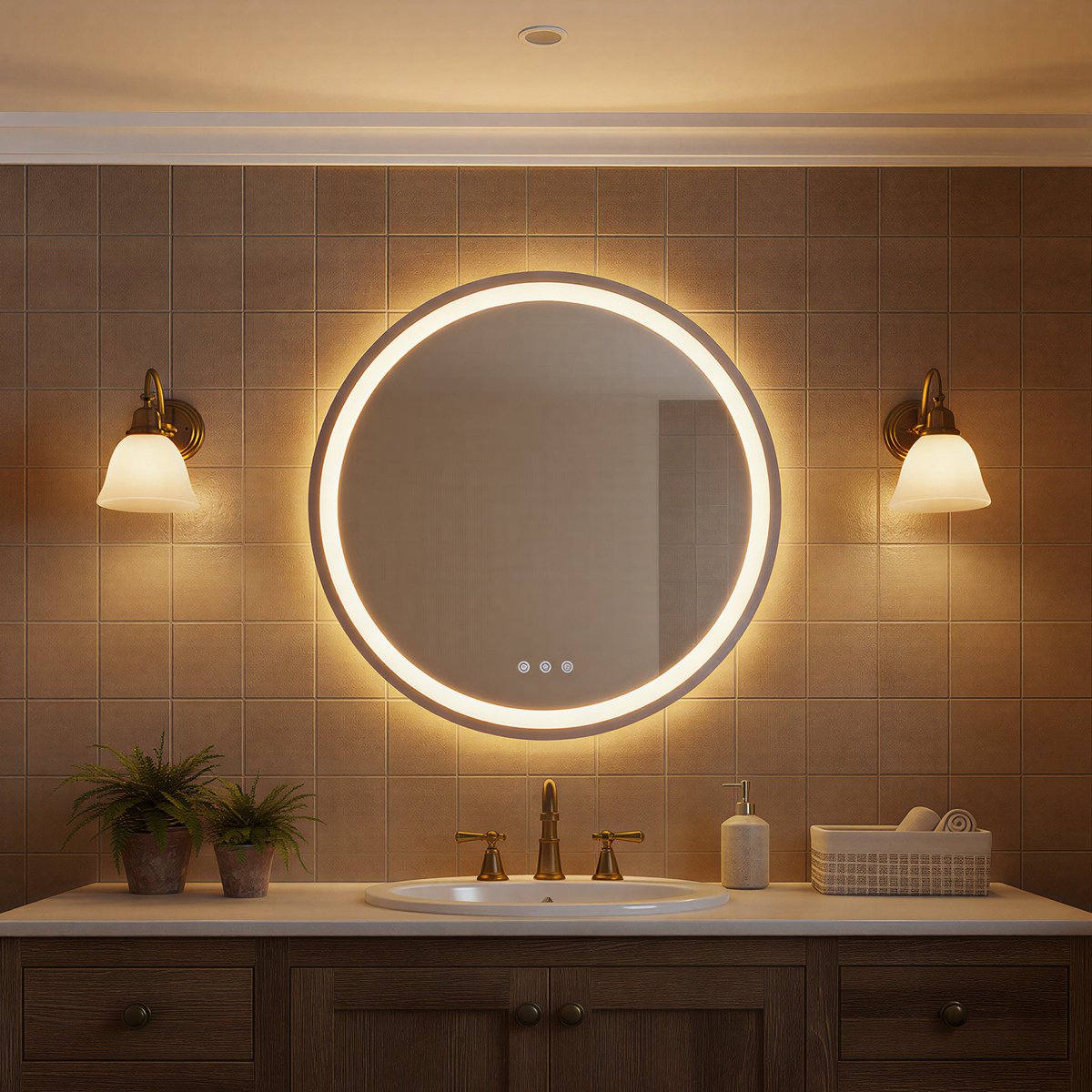 Auralum max - 80CM Ronde Badkamerspiegel Frameloos met LED Verlichting - Dimbaar - Anti-Condens - 3000K/4500K/6500K - Warm/Neutraal/Koud Wit - 80ø cm
