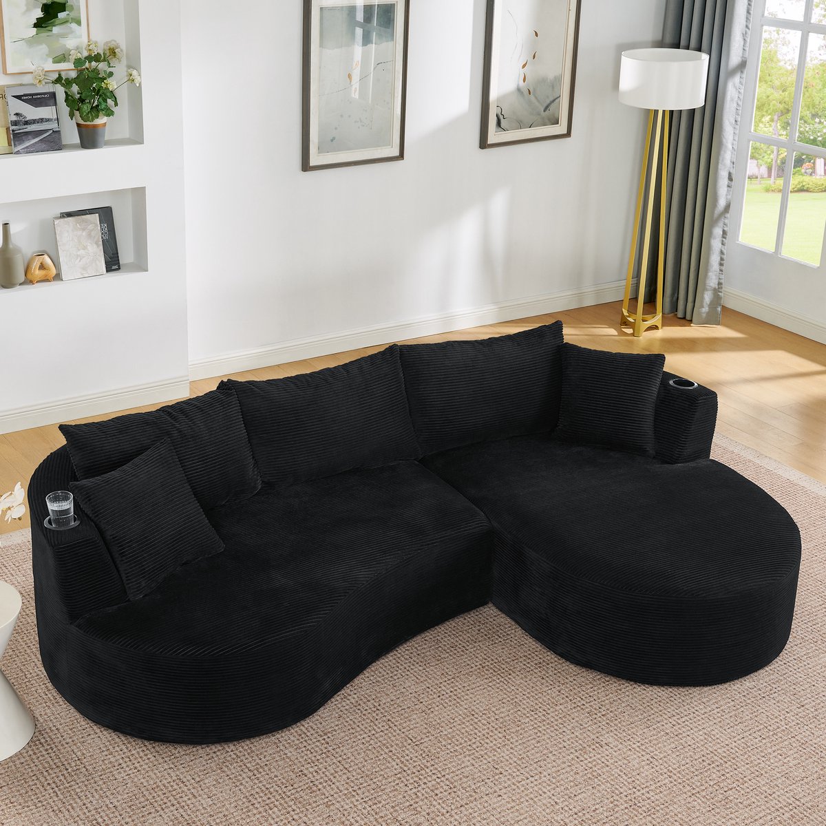 3-Zits Compressiebank, Chaise Longue Rechts + 2-zits, Gebogen Ontwerp, Zachte Corduroy Stof, met Bekerhouder en Kussen, Vacuüm Verpakt, voor Woonkamer, Hotel, Appartement en Kantoor, Zwart