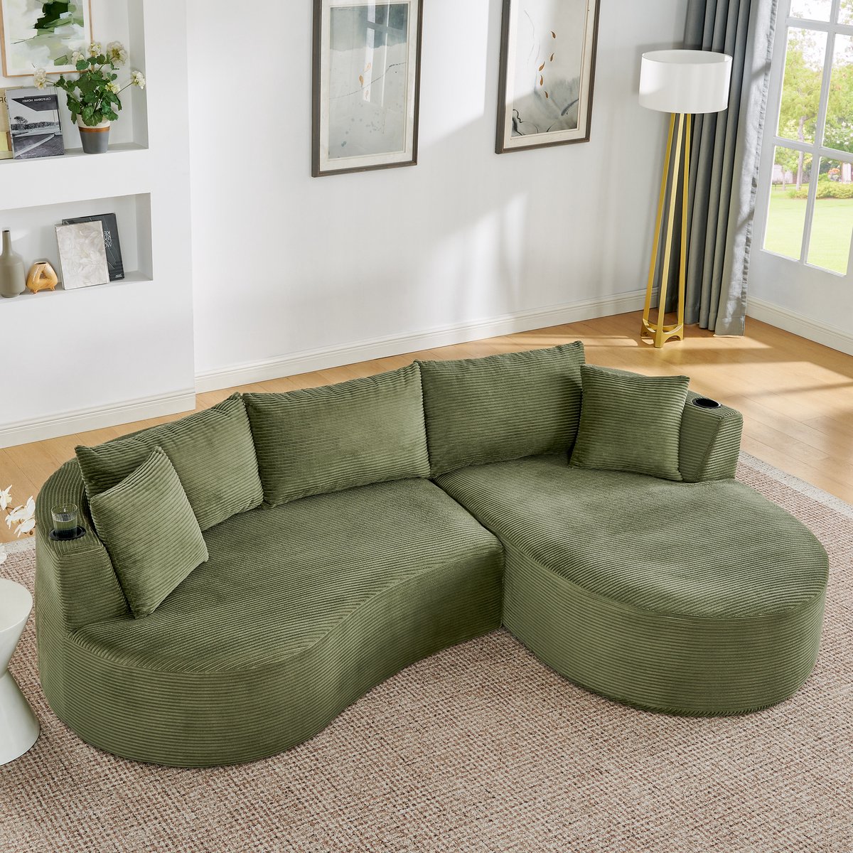 3-Zits Compressiebank, Chaise Longue Rechts + 2-zits, Gebogen Ontwerp, Zachte Corduroy Stof, met Bekerhouder en Kussen, Vacuüm Verpakt, voor Woonkamer, Hotel, Appartement en Kantoor, Groente