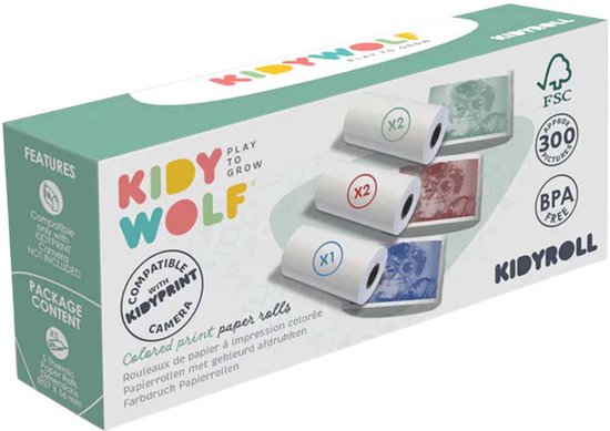 Boîte KIDYROLL avec 3 rouleaux de papier d'impression couleur, compatible avec l'appareil photo KIDYPRINT, 300 impressions.
