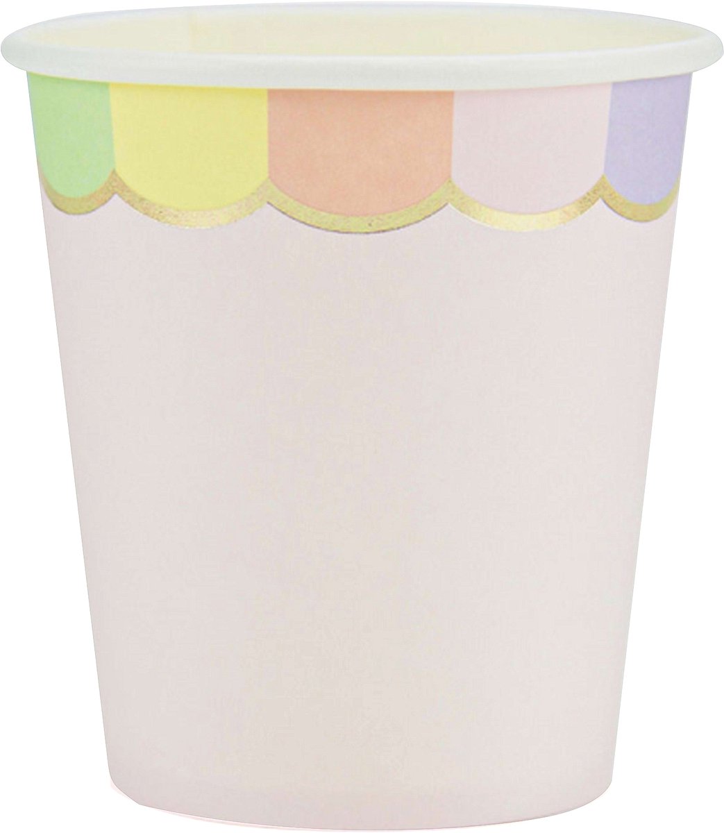 PARTYPRO - 8 pastelroze gegolfde kartonnen bekers 200 ml met regenboogranden
