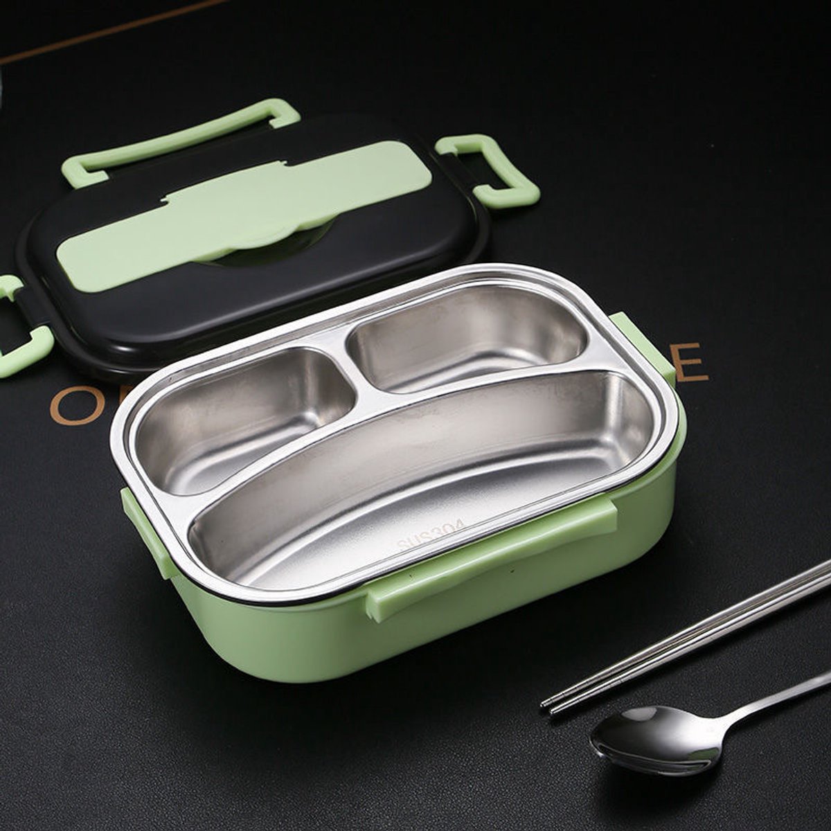 1 liter thermische lunchbox met 3 aparte vakken van roestvast staal – Lekvrije geïsoleerde voedselcontainer inclusief bestek en bestekhouder, draagbaar voor kinderen en volwassenen — cadeau in Koken & Dineren - foto 4