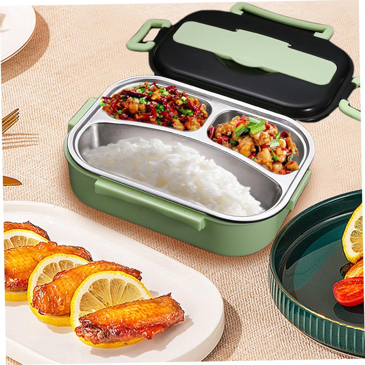 1 liter thermische lunchbox met 3 aparte vakken van roestvast staal – Lekvrije geïsoleerde voedselcontainer inclusief bestek en bestekhouder, draagbaar voor kinderen en volwassenen — cadeau in Koken & Dineren - foto 2