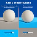 Comparaison de mousse à mémoire grise ferme de 3 cm et de mousse gel à mémoire de refroidissement de 2 cm avec des objets sphériques.
