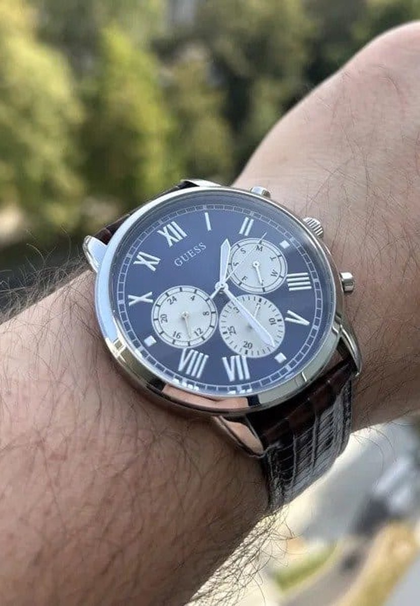 Guess Hendrix Quartz Analoog Horloge Zwart Behuizing: 100% Roestvrij Staal| Armband: Echt Leer 44 mm U1261G2M