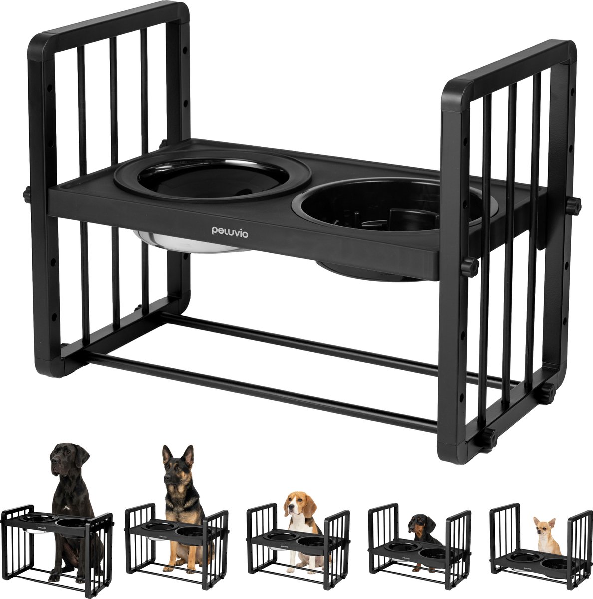 Peluvio Levee – Verstelbare Voerbak standaard voor Honden – 2 RVS Bakken (1100 ml & 1450 ml) – 5 Hoogtes & 10° Kantelbaar – Slow Food & Anti-Splash – Stabiel & Hygiënisch