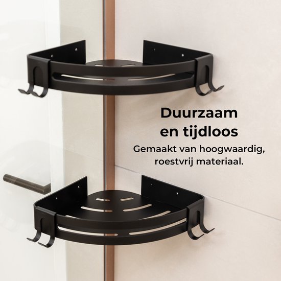 Twee zwarte hoekdouche rekjes, gemaakt van roestvrij aluminium.
