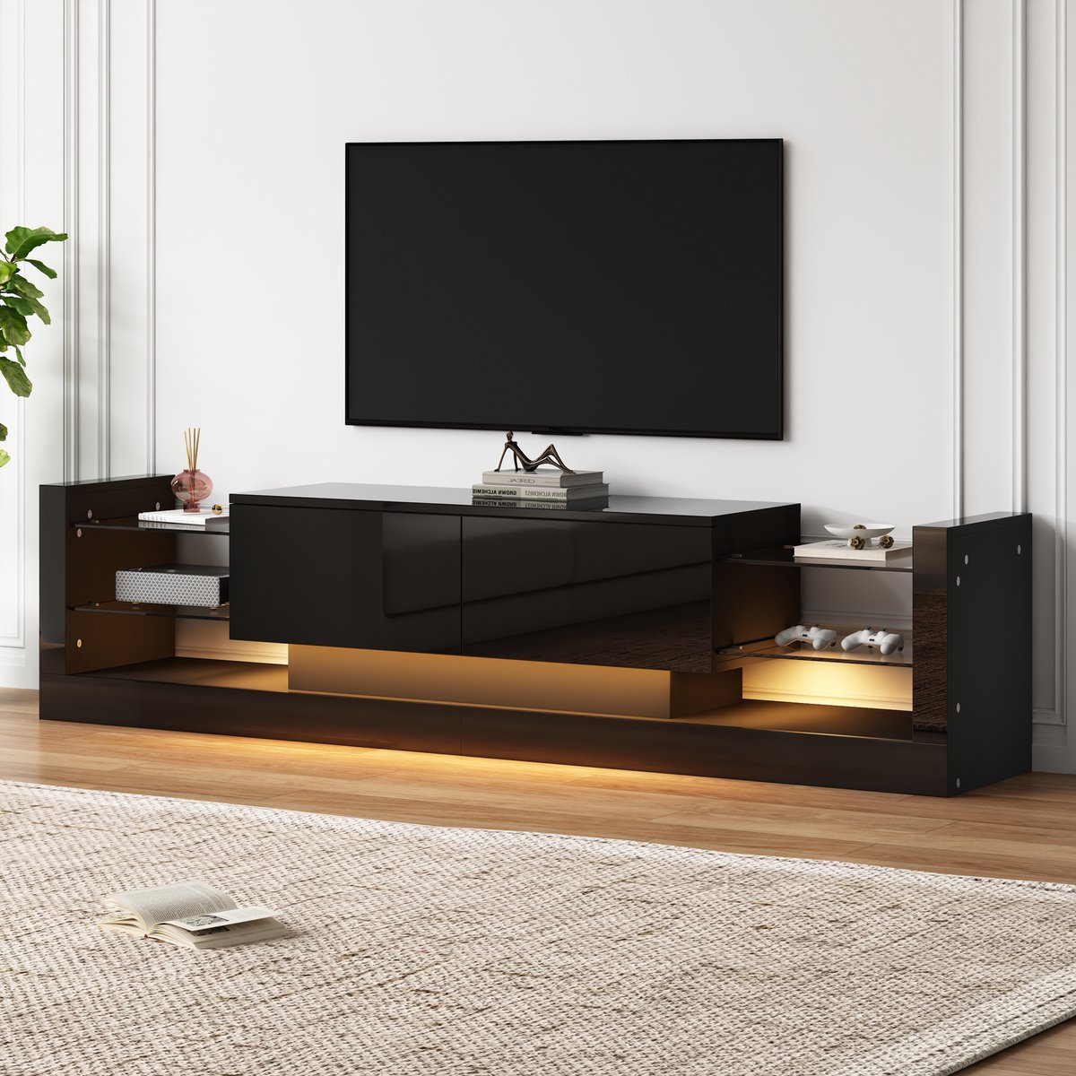TV-Meubel - 181 cm - Met LED en Glasfront - 2 Klepkasten - Hoogglans - Zwart