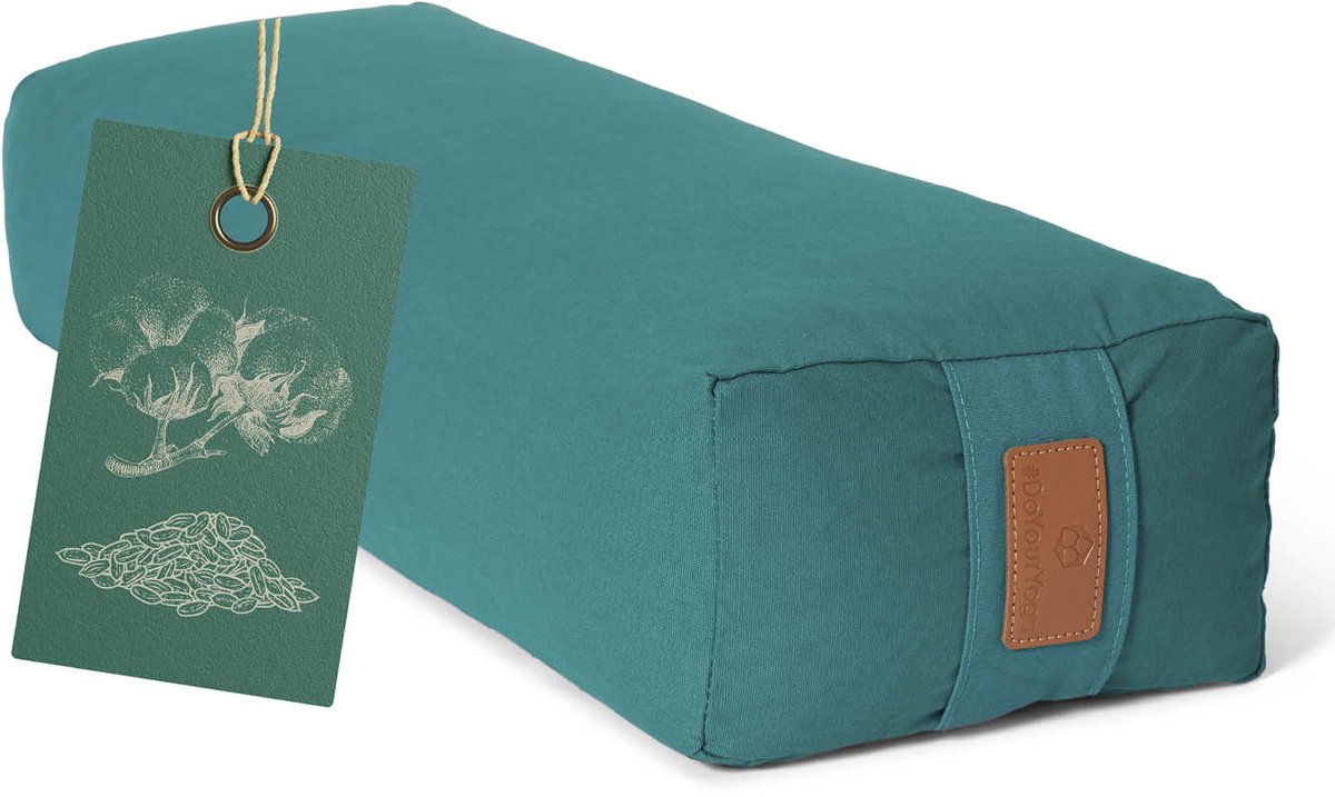 #DoYourYoga - Hoekig Yoga bolster - »Paravati« - Meditatiekussen met bio-organische Spelt vulling - L67 cm & diam.13 cm - donkergroen