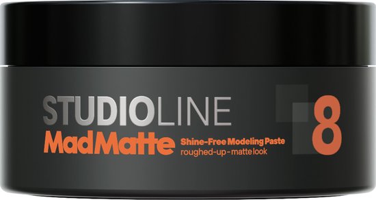 Zwarte pot met 'STUDIOLINE MadMatte 8 Shine-Free Modeling Paste rough-up-matte look'.
