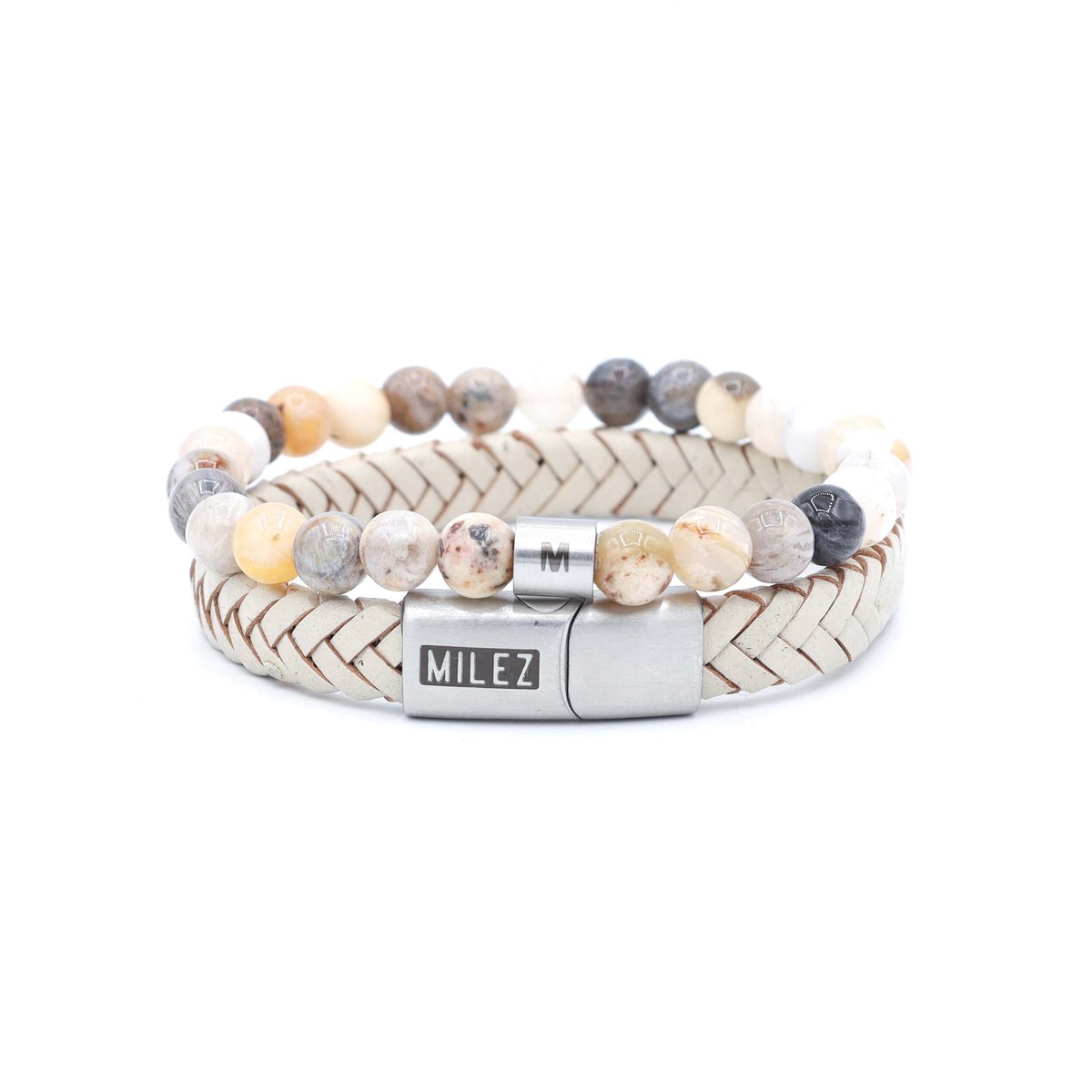 Milez - Armband set dames - armband dames leer kralen - Creme-Zilver - Maat M