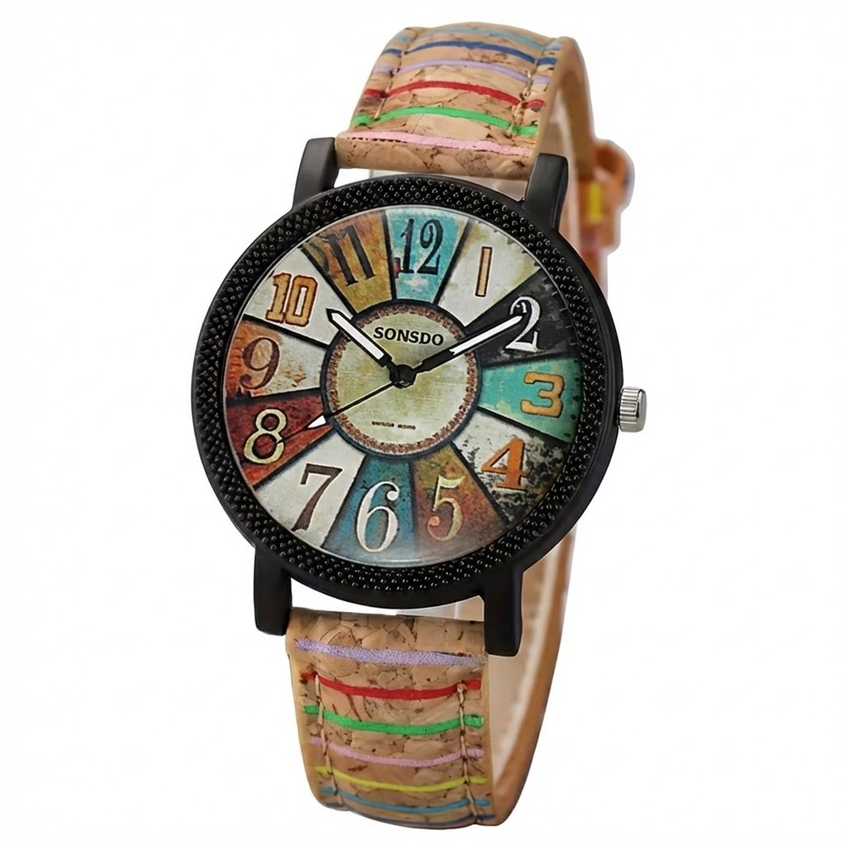Multicolor analoog horloge dames - ronde wijzerplaat met gekleurde cijfers - zwart uurwerk met beige band - vintage stijl quartz horloge