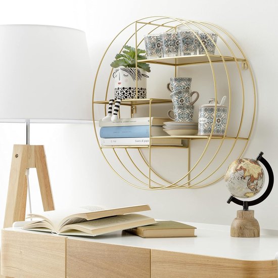 Muurplank Rond Baroni Home Ronde Muurplank Goud – Metalen Wandrek met 4 Planken ...